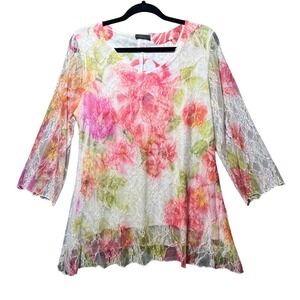 Brittany Black Floral Lace Tunic Top 3/4 Sleeve Sheer White Pink Green Size L